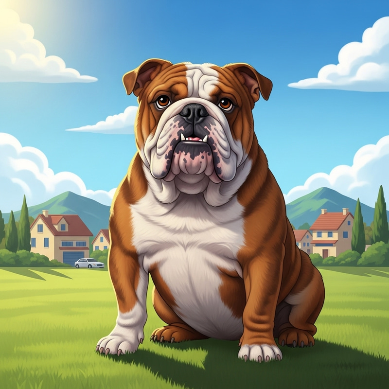 Friendly English Bulldog Sitting Proudly in Suburban Landscape Friendly English Bulldog Sitting Proudly in Suburban Landscape