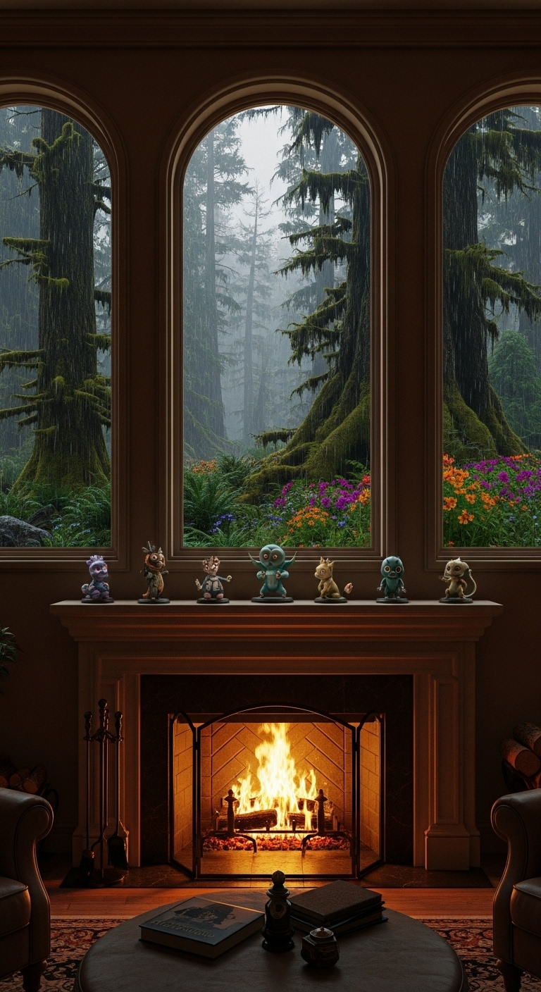 Comfortable Living Room with Cozy Fireplace and Enchanting Forest View