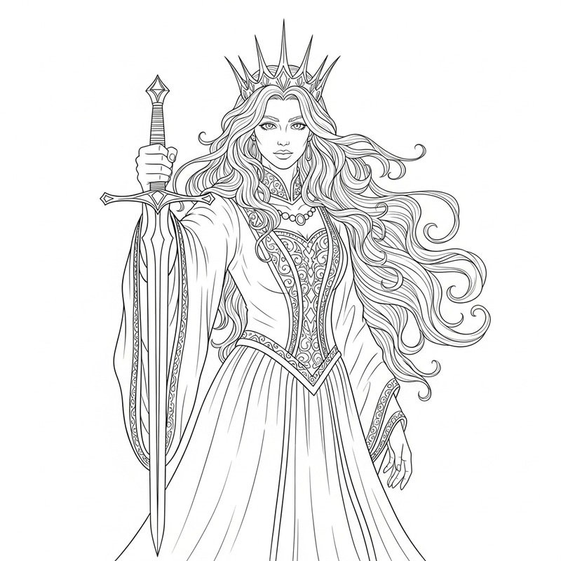 Mystical Queen of Swords - Black & White Outline Art