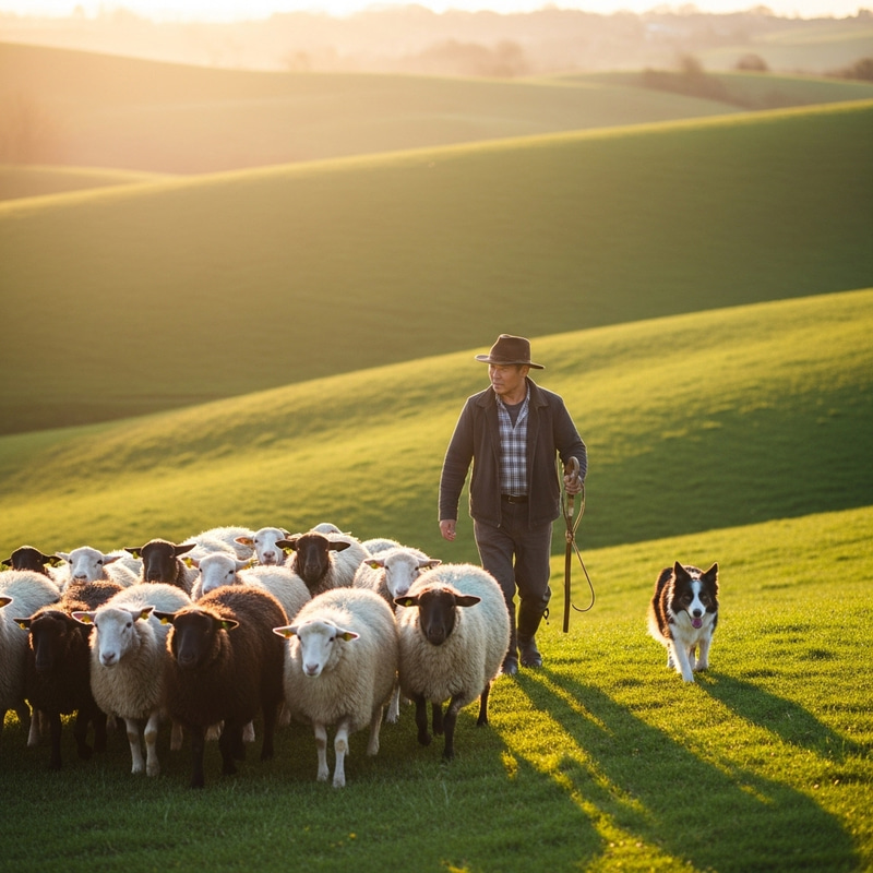 Asian Shepherd Guiding Diverse Flock of Sheep in Idyllic Rural Scene Asian Shepherd Guiding Diverse Flock of Sheep in Idyllic Rural Scene