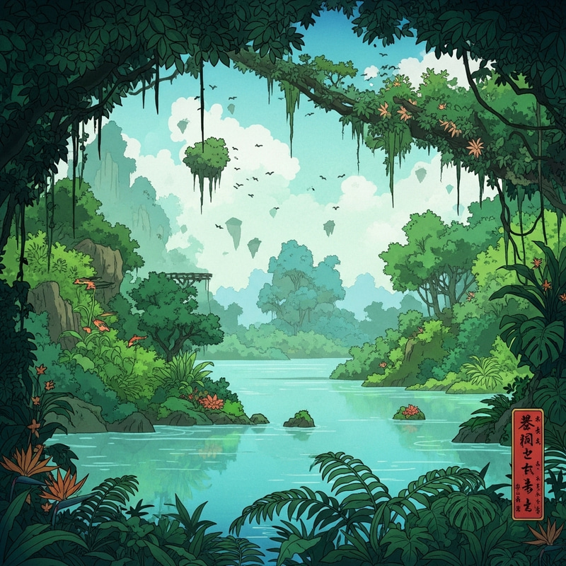 Serene Lush Tropical Paradise in Ukiyo-e Style Serene Lush Tropical Paradise in Ukiyo-e Style