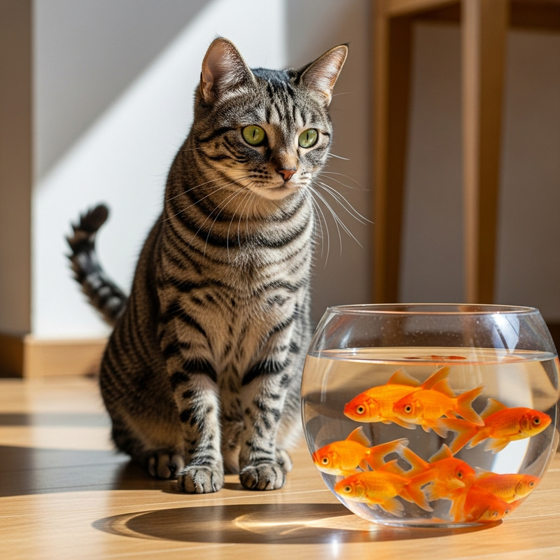 Curious Cat Watches Colorful Fish - Aquatic Serenity Curious Cat Watches Colorful Fish - Aquatic Serenity