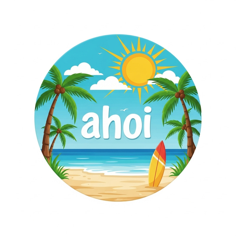 Round Beach Sticker with Ahoi Design | Tropical Palms & Surfboard