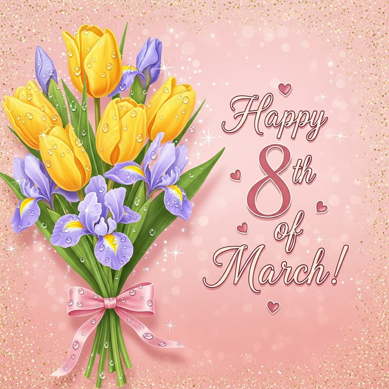 Festive 8th of March Greeting Card | Yellow Tulips, Purple Irises Festive 8th of March Greeting Card | Yellow Tulips, Purple Irises