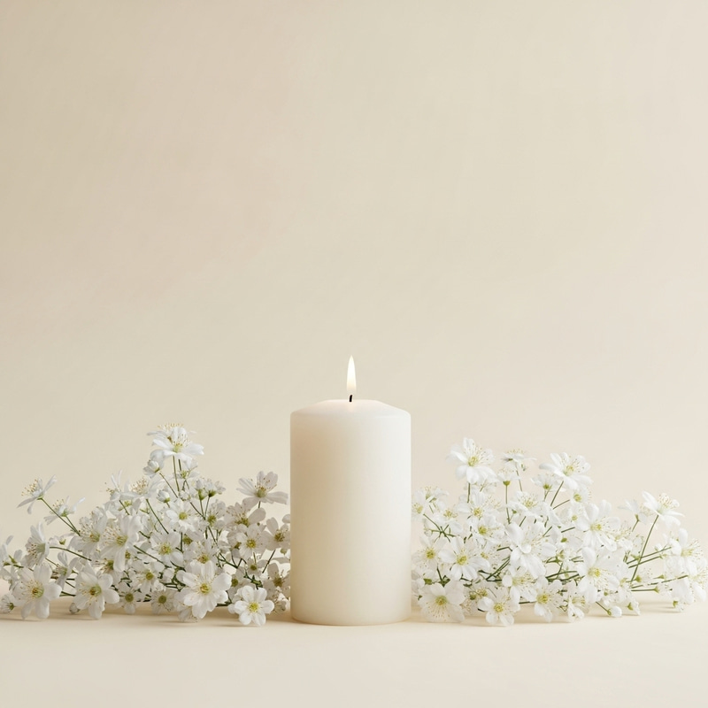 Minimalistic Cream Background with Delicate White Flowers and Pillar Candle Minimalistic Cream Background with Delicate White Flowers and Pillar Candle