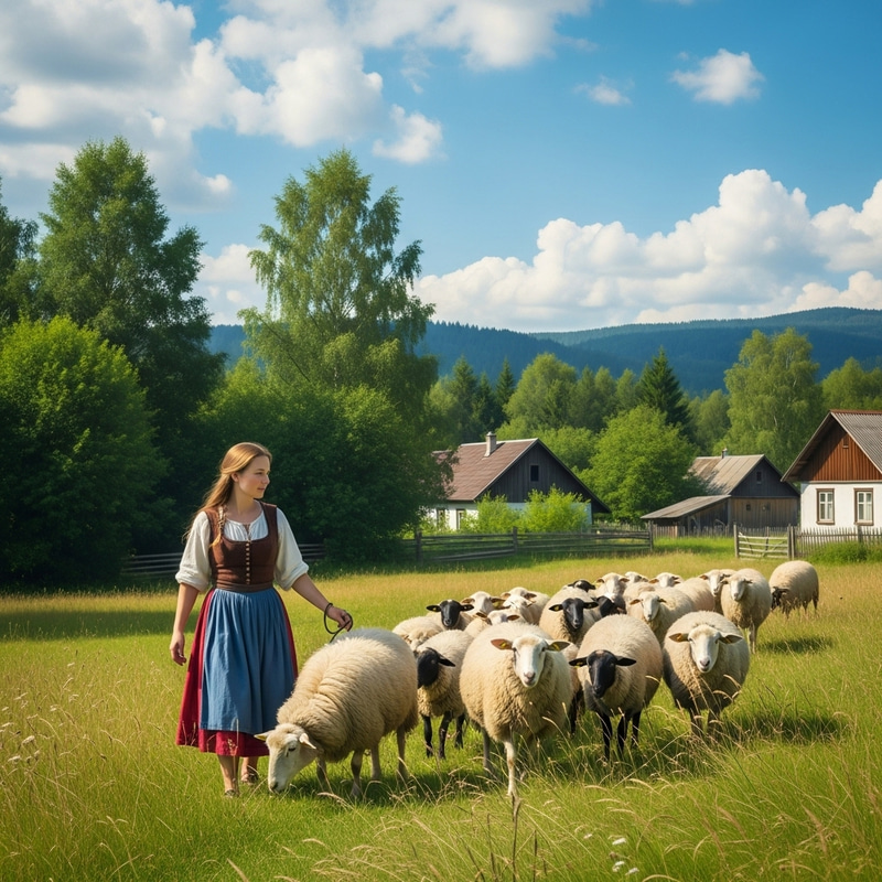 Young Girl Tending Sheep in Quaint Village | Nature Scene Young Girl Tending Sheep in Quaint Village | Nature Scene