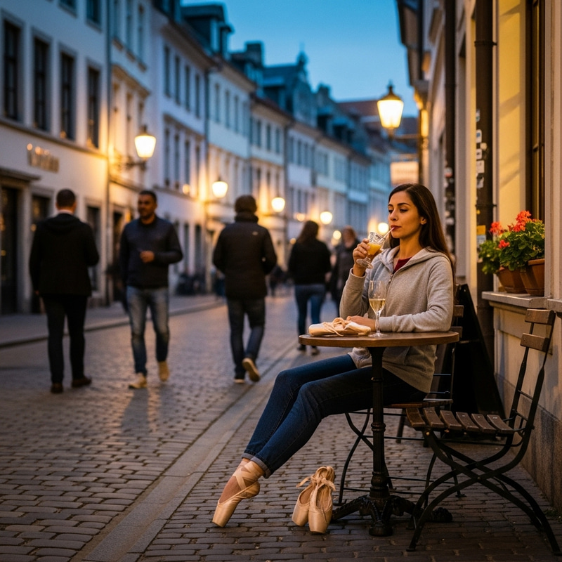 Hispanic Ballerina Enjoying Drink on European Street