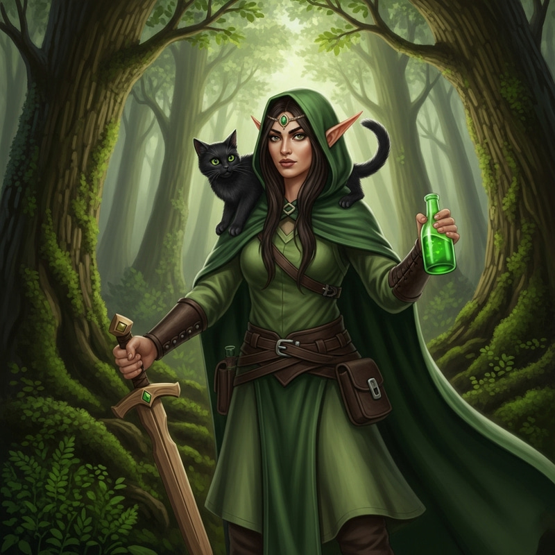 Enchanting Female Elf with Wooden Sword and Cat
