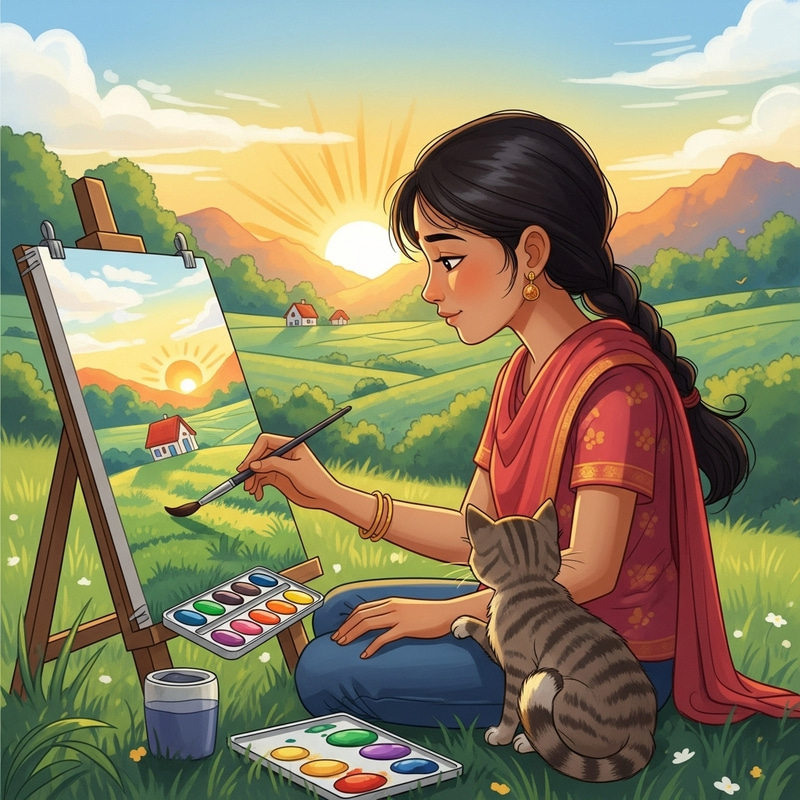 Girl Painting Sunrise Scenery with Cat in Countryside | Art Girl Painting Sunrise Scenery with Cat in Countryside | Art