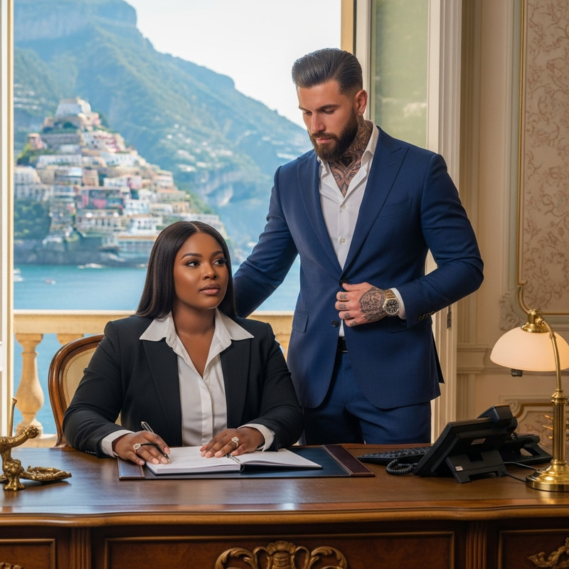 Empowered Plus-Size African American Woman at Elegant Italian Villa with Handsome Russian Husband