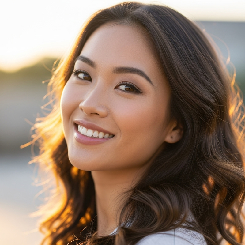 Smiling Young Woman with Wavy Brunette Hair and Almond-Shaped Brown Eyes Smiling Young Woman with Wavy Brunette Hair and Almond-Shaped Brown Eyes