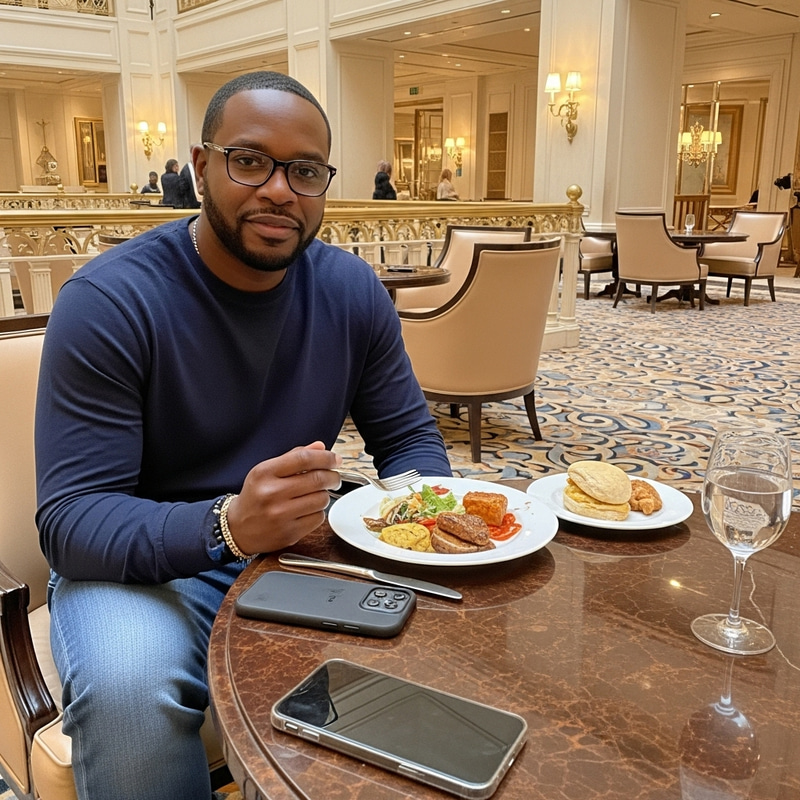Elegant Black American Man Dining in Luxury Hotel with Smartphones Elegant Black American Man Dining in Luxury Hotel with Smartphones