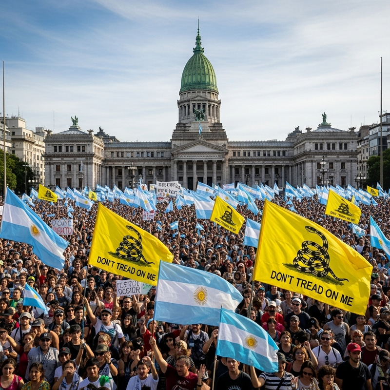 Supporters Rally at National Congress with Argentine & Libertarian Flags Supporters Rally at National Congress with Argentine & Libertarian Flags