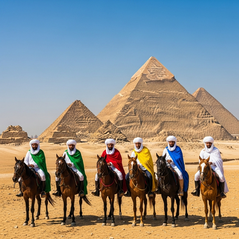 Colorful Horsemen in Front of Egypt Pyramids Colorful Horsemen in Front of Egypt Pyramids