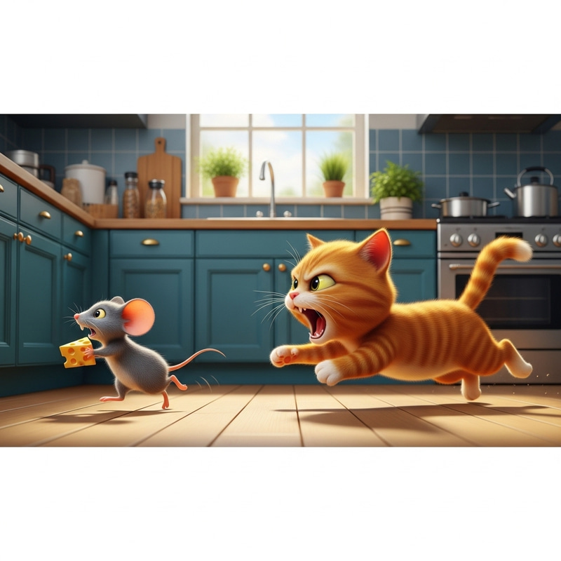 Charming Cartoon Cat Chasing Gray Mouse in Kitchen