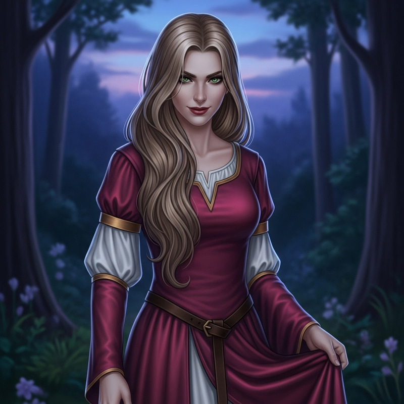 Enigmatic Blonde Lilith in Medieval Burgundy Silk Dress