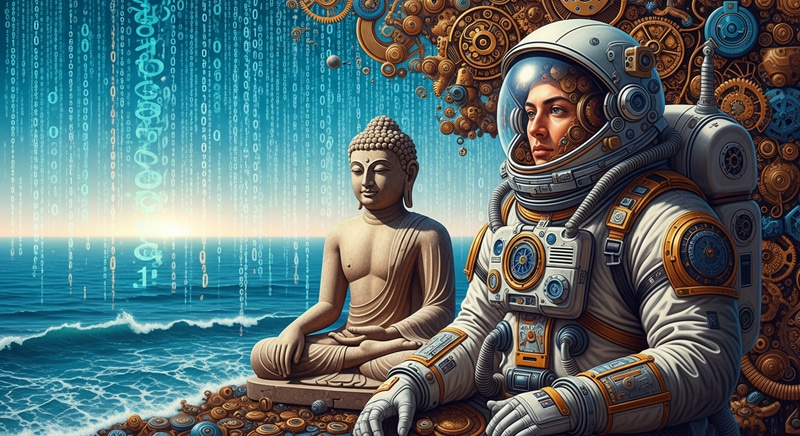 Clockwork Cyber Buddha Painting | Matrix Sea Meditation