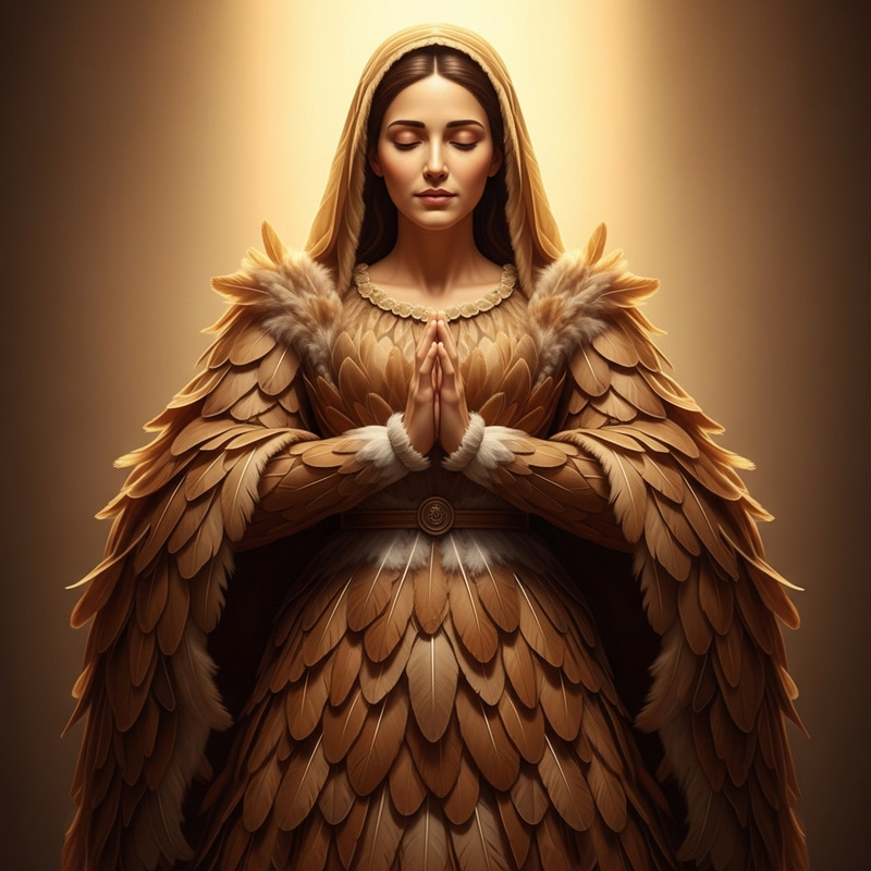 Divine Serenity: Mother Mary in Elegant Brown Feathers