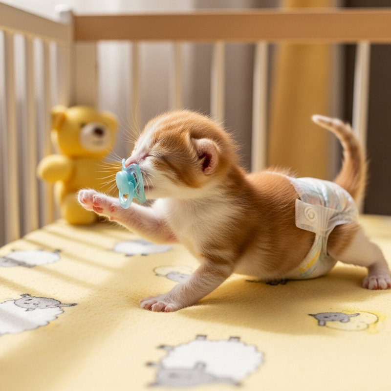 Newborn Kitten in Diapers Sleeping in Crib