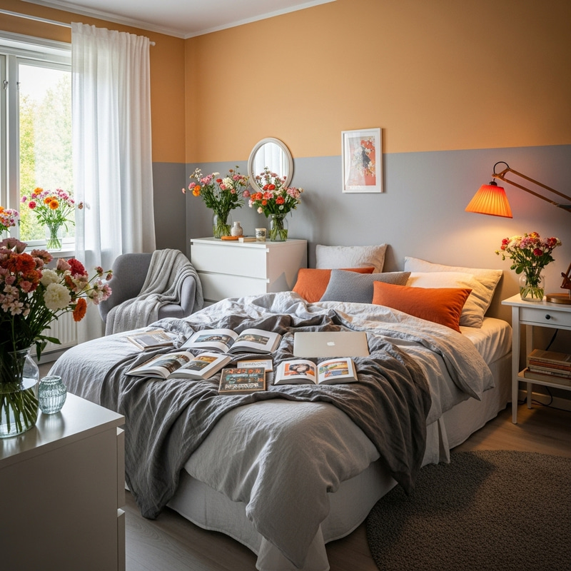 Cozy Orange and Grey Bedroom with Books, Laptop, and Flowers Cozy Orange and Grey Bedroom with Books, Laptop, and Flowers