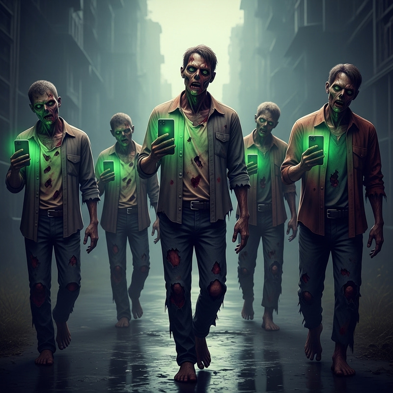 Zombie Horde Engrossed in Phone - Captivating Scene Zombie Horde Engrossed in Phone - Captivating Scene