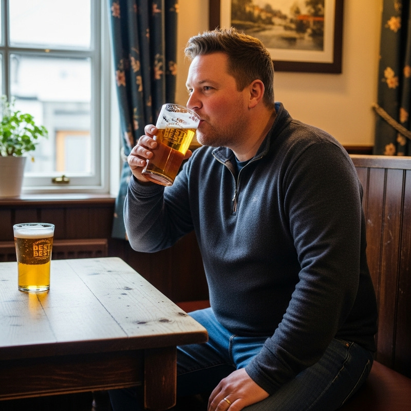 Robust British Pub Dweller Enjoying Local Ale in Traditional Pub Ambiance Robust British Pub Dweller Enjoying Local Ale in Traditional Pub Ambiance