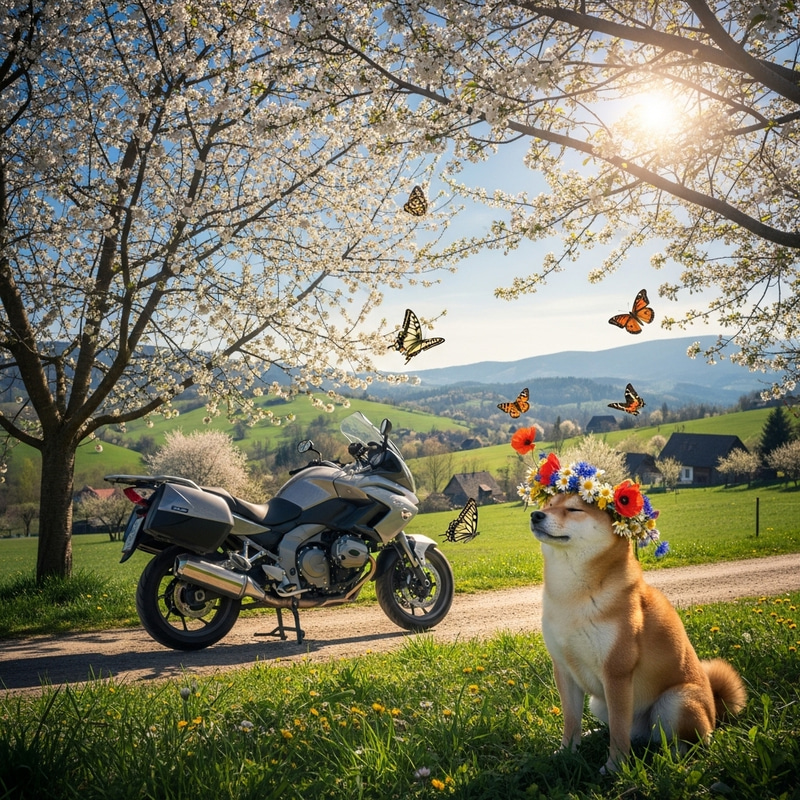 Spring in Slovakia: Shiba Inu Dog with Wildflower Wreath and Motorcycle Spring in Slovakia: Shiba Inu Dog with Wildflower Wreath and Motorcycle