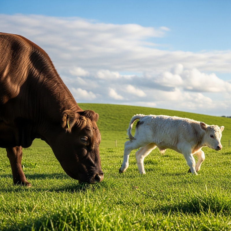 Cow Munching Grass with Playful Calf in Sunlit Field Cow Munching Grass with Playful Calf in Sunlit Field