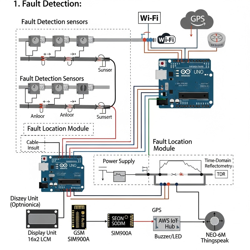 Block Diagram: IOT Underground Cable Fault Detection System with GSM & GPS Integration Block Diagram: IOT Underground Cable Fault Detection System with GSM & GPS Integration
