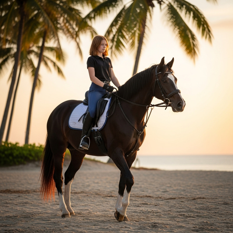 Realistic Image: 12-Year-Old Girl Riding Black Horse at Sunset on Beach Realistic Image: 12-Year-Old Girl Riding Black Horse at Sunset on Beach
