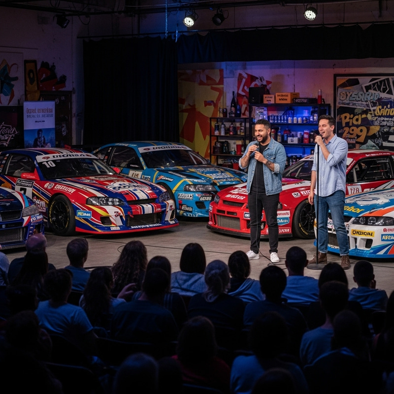 Eclectic Stand-Up Comedy with Diverse Spectators & Vibrant Race Cars