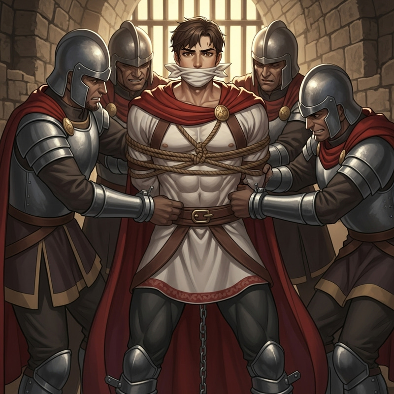 Handsome Muscular Prince Restrained by Menacing Palace Guards in Dungeon Handsome Muscular Prince Restrained by Menacing Palace Guards in Dungeon