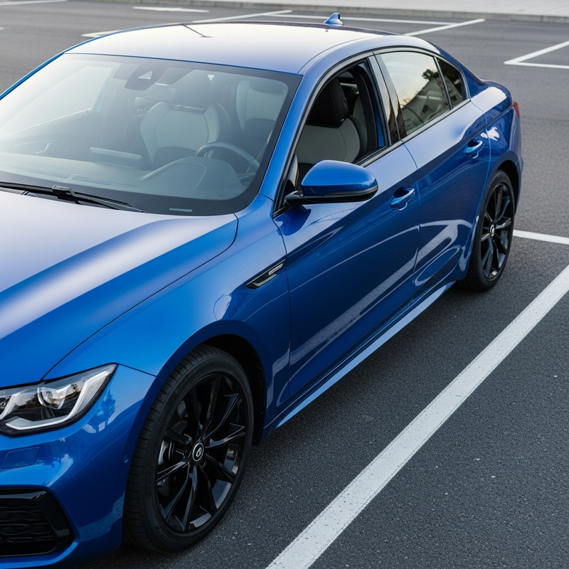 Modern Blue Car Parked Perfectly in Spotlight Modern Blue Car Parked Perfectly in Spotlight