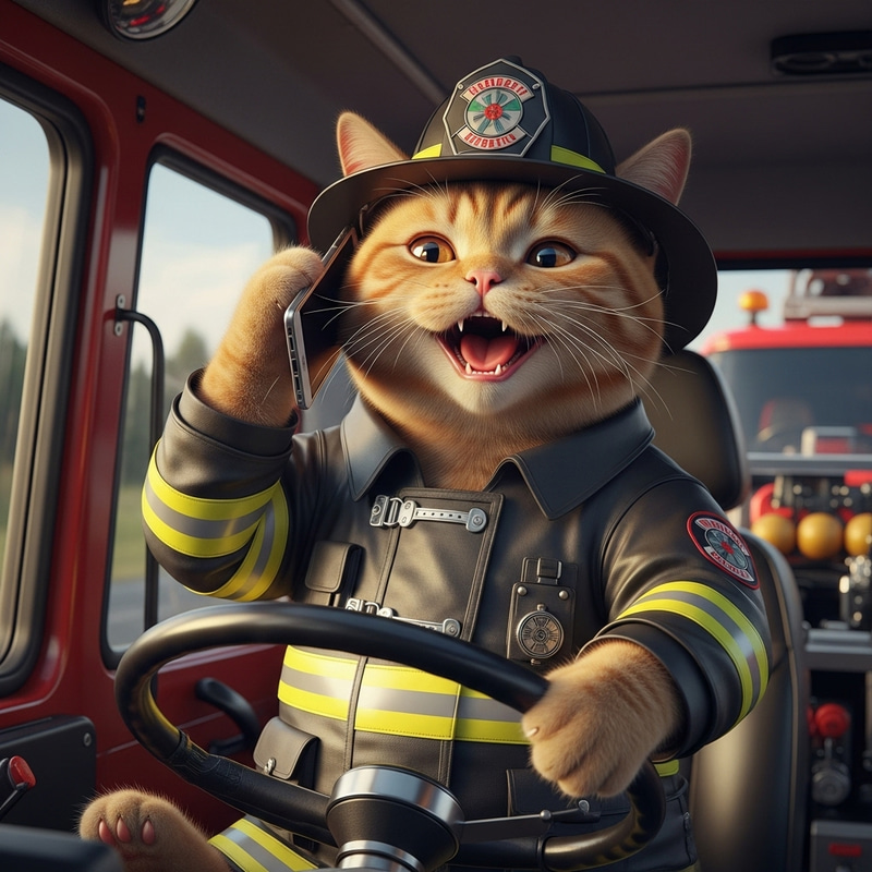 Cheerful Cat in Firefighter Uniform Talking on Phone Cheerful Cat in Firefighter Uniform Talking on Phone