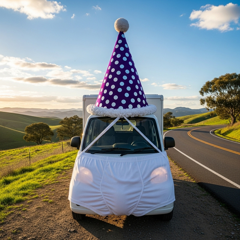 Unusual Car Adorned with Purple Party Hat and Underwear Unusual Car Adorned with Purple Party Hat and Underwear