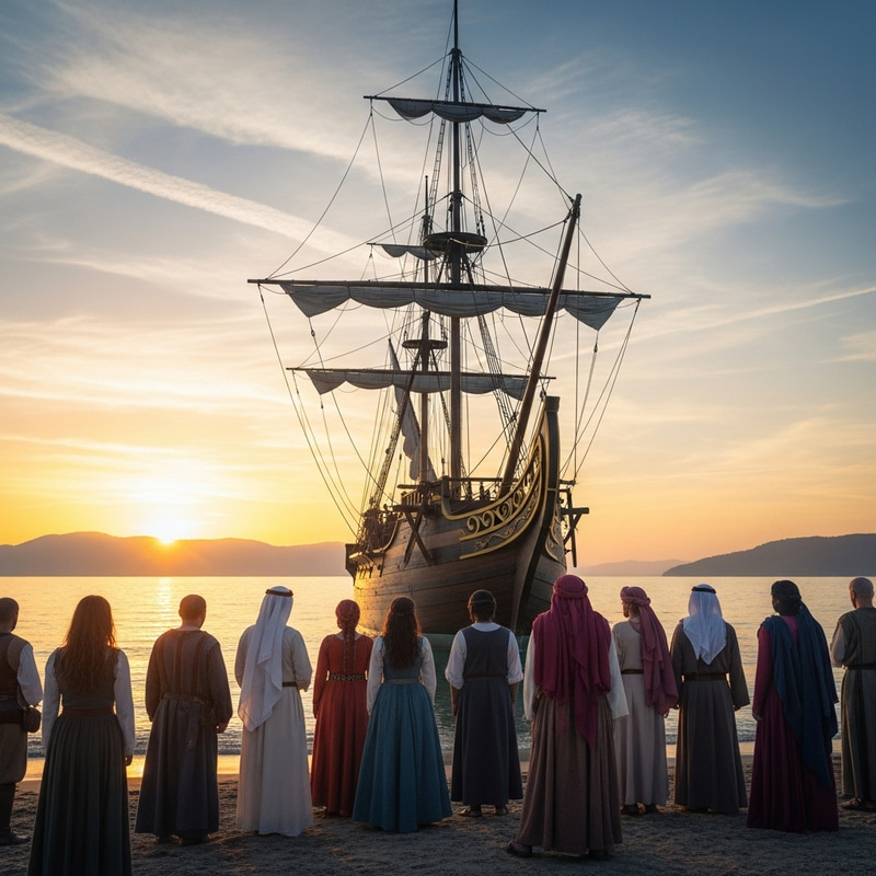 Sunrise Odyssey Ship with People Waiting on Coast