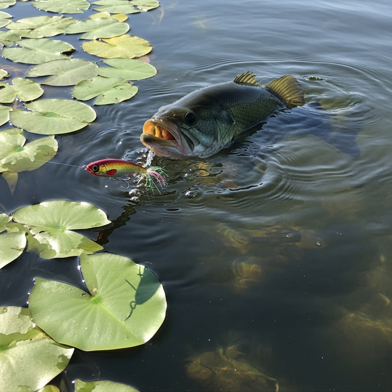 Energetic Big Bass Chasing Lure in Lily Pads | Freshwater Lake