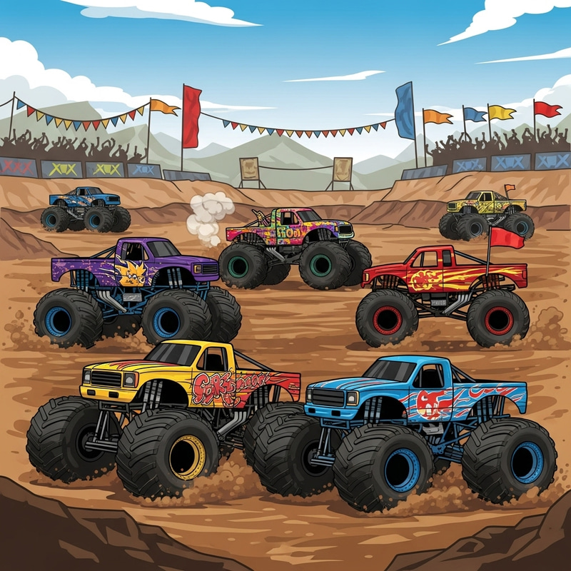 Monster Trucks Vector | Exciting Dirt Track Race Illustration Monster Trucks Vector | Exciting Dirt Track Race Illustration