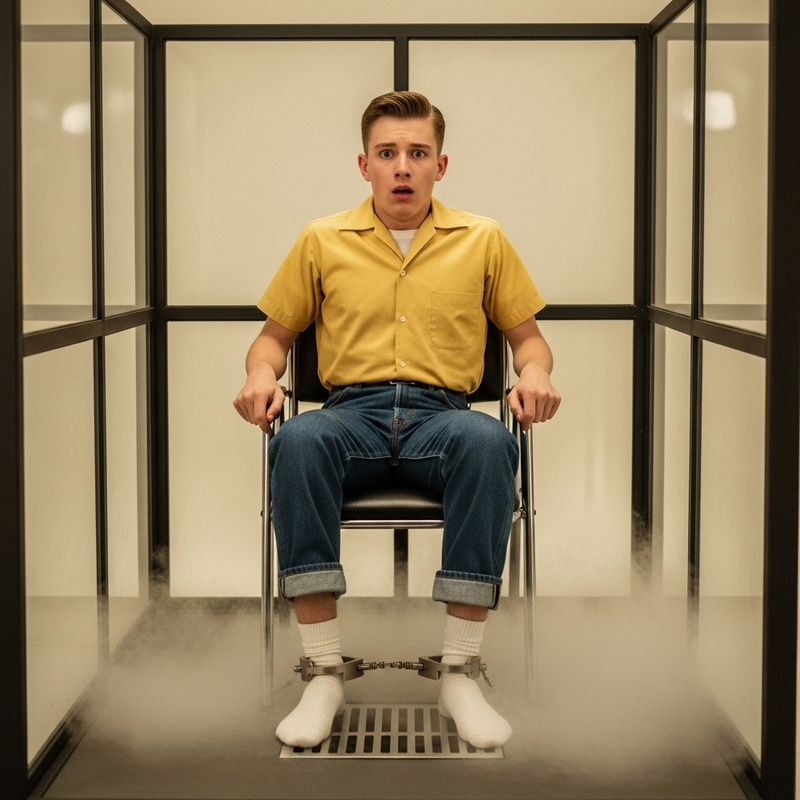Scared 1950s Canadian Teenage Male in Vintage Electric Chair Scene