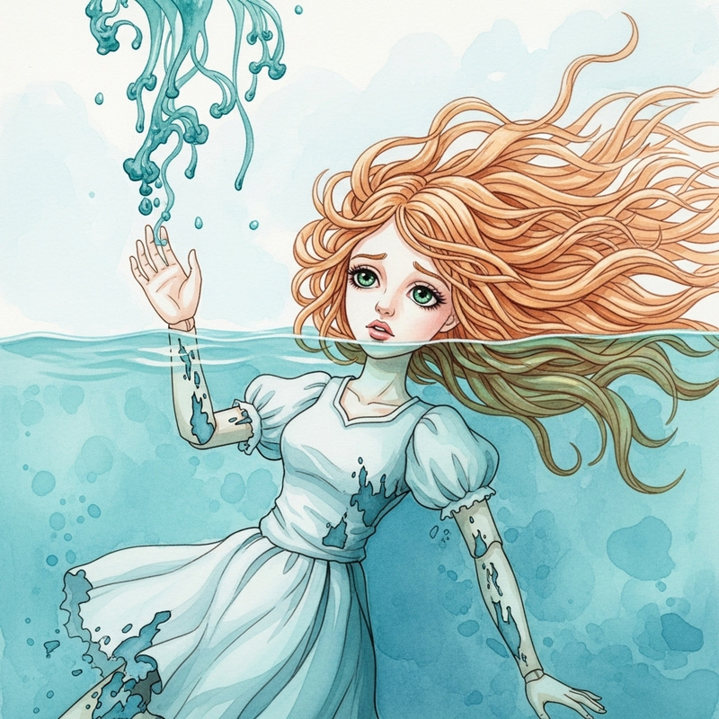 Enchanting Watercolor of a Surreal Drowning Paper Doll