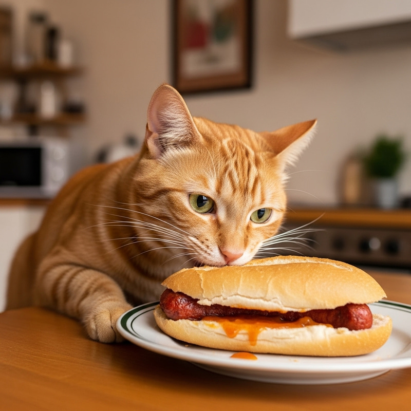 Cat Enjoying Chilean Choripan in Cozy Kitchen