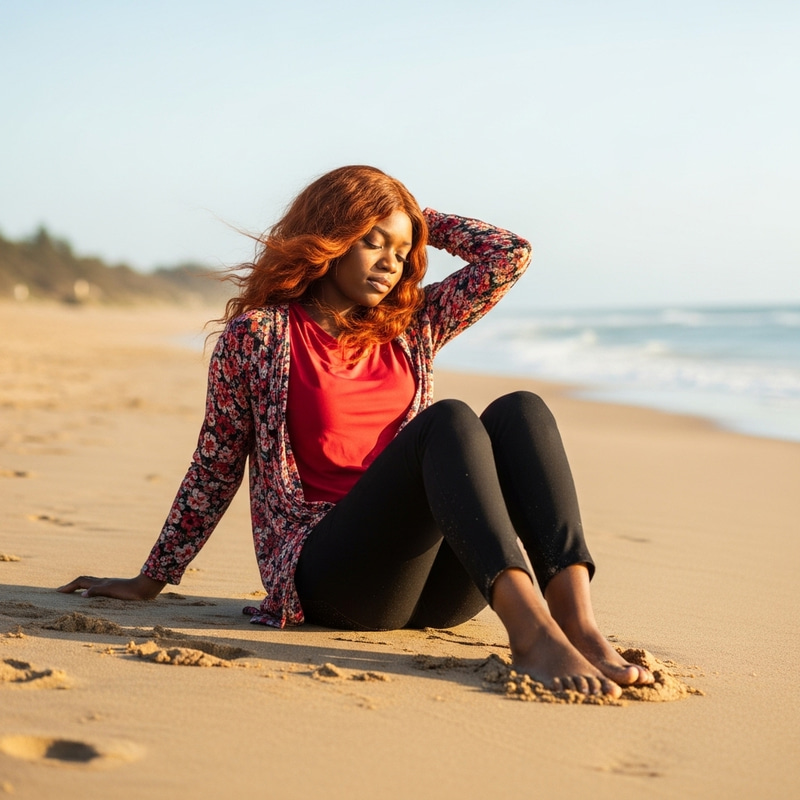 Tranquil Beach Scene: Black Woman Relaxing with Ginger Hair