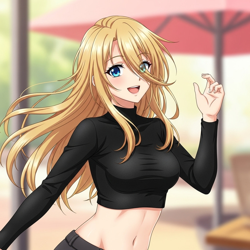 Stylish Anime Girl with Long Blonde Hair in Black Crop Top