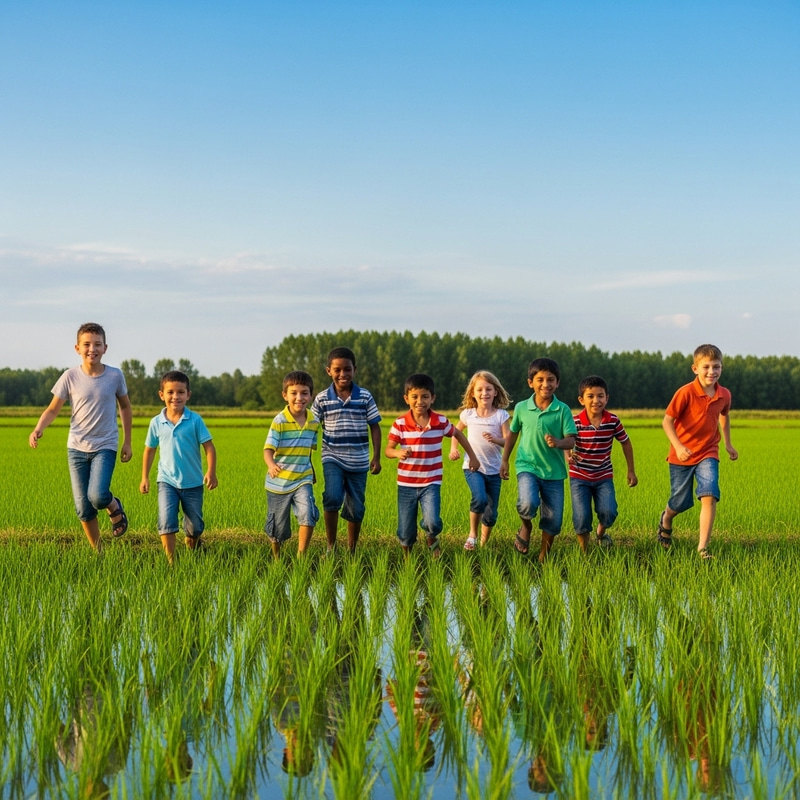 Diverse Children Running Joyfully by Lush Green Rice Field Diverse Children Running Joyfully by Lush Green Rice Field