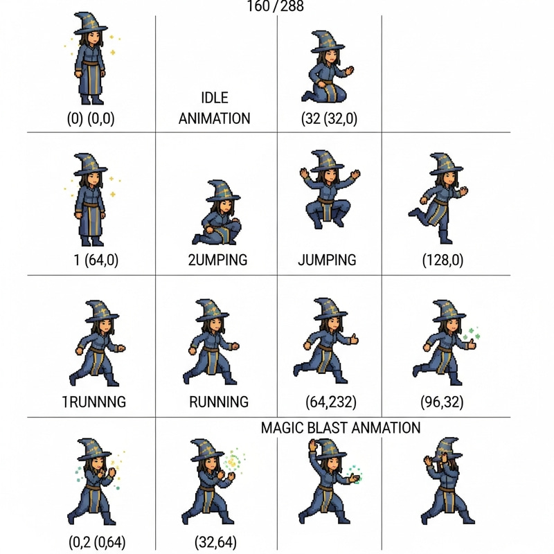 Detailed Sprite Sheet for Pixel Art-Style East Asian Female Magician Character Detailed Sprite Sheet for Pixel Art-Style East Asian Female Magician Character