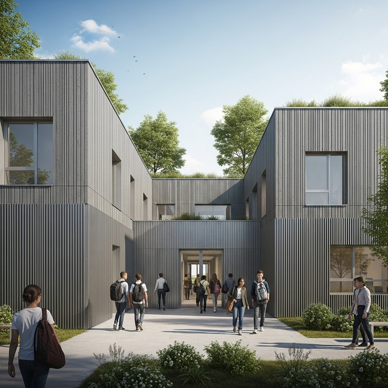 Contemporary School Design with Vertical Gray Wood Facade