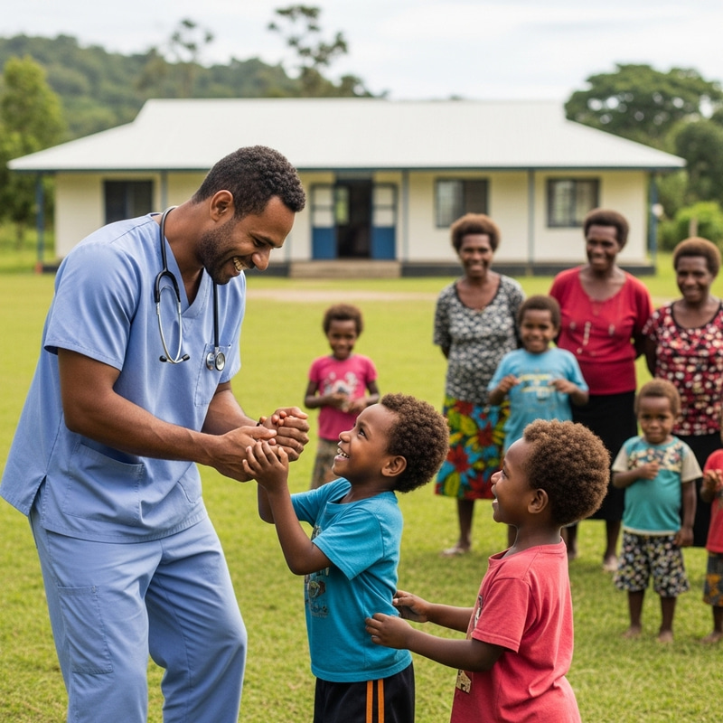 Melanesian Doctor Playing with Village Kids in Rural Hospital Melanesian Doctor Playing with Village Kids in Rural Hospital
