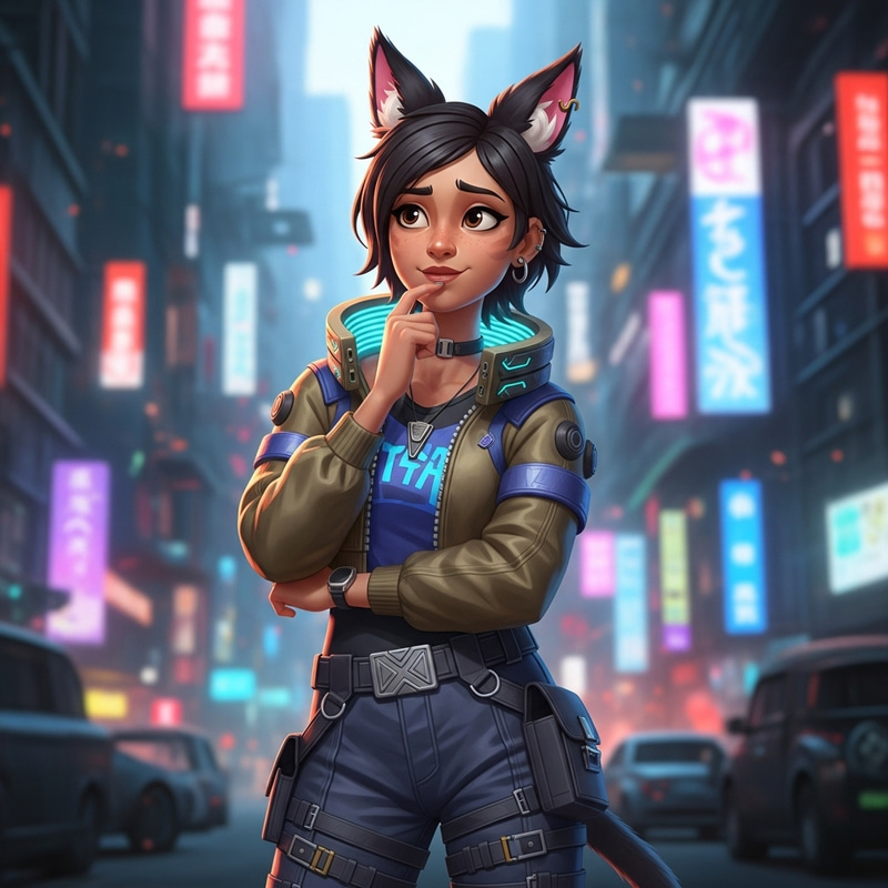South Asian Anime Girl with Cyberpunk Cat Ears in Vibrant Metropolis