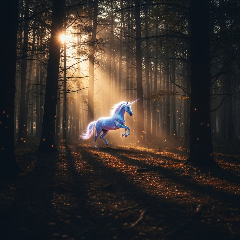 Sunset-Lit Mystical Forest with Majestic Unicorn - Fantasy-Inspired Scene Sunset-Lit Mystical Forest with Majestic Unicorn - Fantasy-Inspired Scene