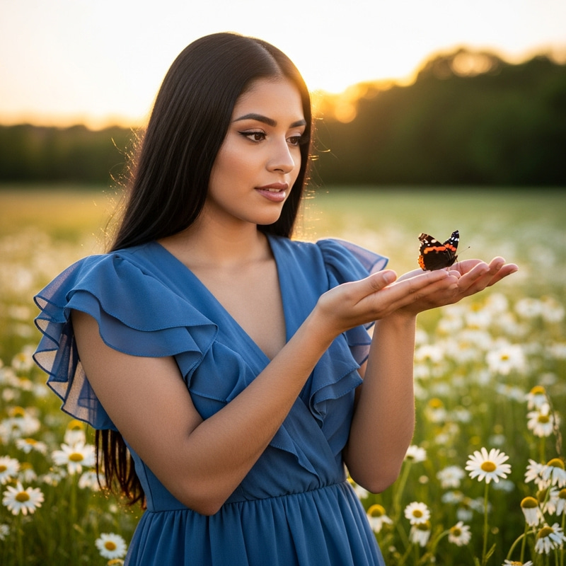 Beautiful Hispanic Woman with Red Admiral Butterfly in Lush Field